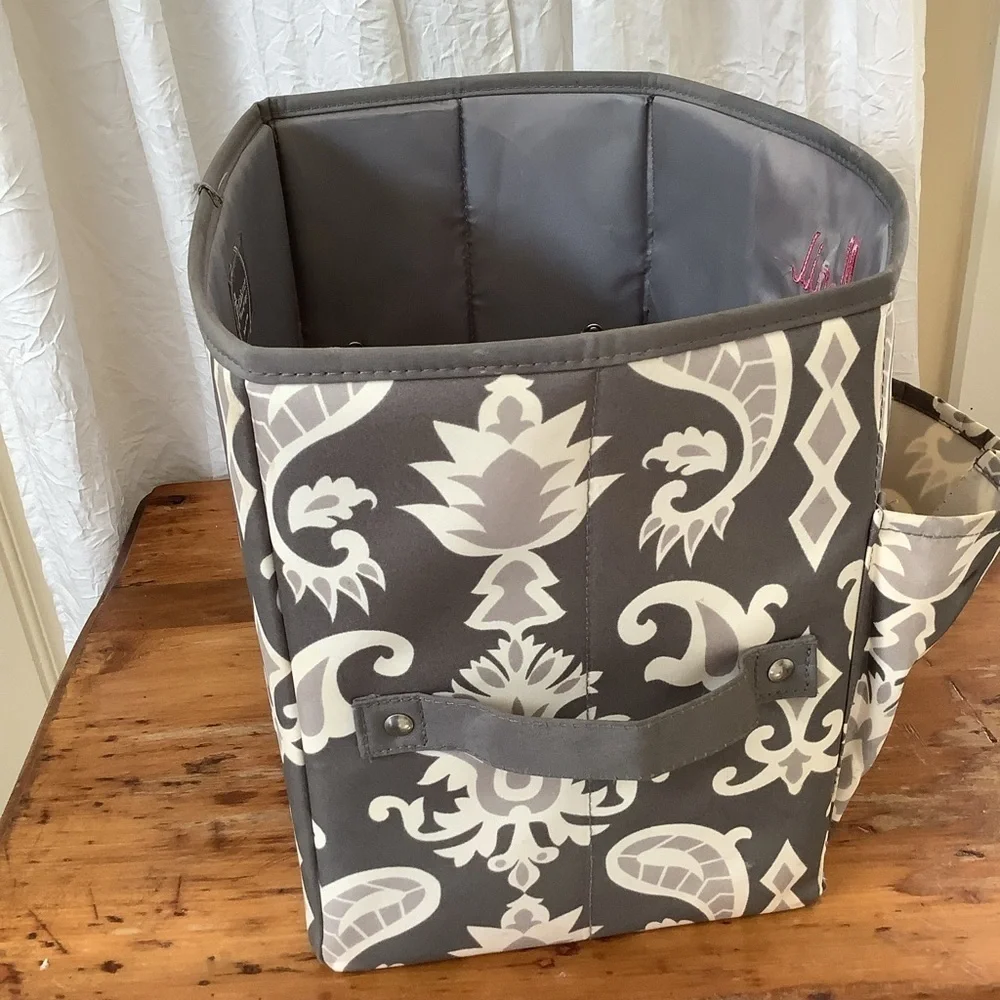 Initials Inc Gray White Paisley Pink Embroidery MAIL Tote Basket